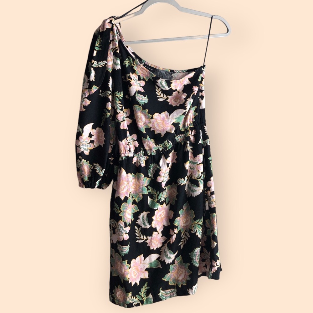 Who What Wear Linen Black Floral Mini Dress Open Shoulder Balloon Sleeve Women S